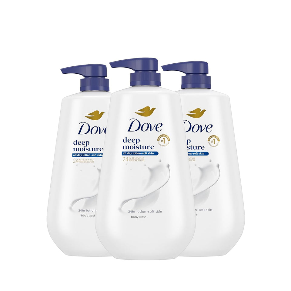 Dove Body Wash with Pump 3 Count Deep Moisture for 24hr Lotion-Soft Skin Moisture Moisturizing Skin Cleanser with No Sulfates No Parabens